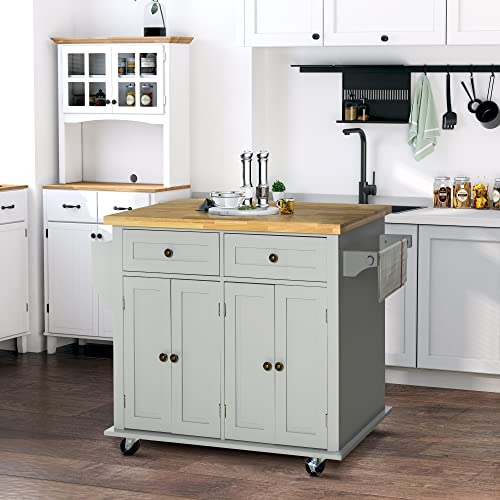 image for HOMCOM Kitchen Island on Wheels, Rolling Cart with Rubberwood Top, Spi