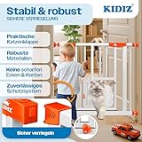 KIDIZ Absperrgitter zum Klemmen mit Katzenklappe, Türschutzgitter, Autoclose Kinder Treppengitter ohne Bohren | 90° Stopp Schutz, schwenkbar, Treppenschutzgitter, Weiß/Orange, Breite: 74-80 cm