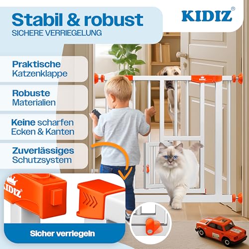 KIDIZ Absperrgitter zum Klemmen mit Katzenklappe, Türschutzgitter, Autoclose Kinder Treppengitter ohne Bohren | 90° Stopp Schutz, schwenkbar, Treppenschutzgitter, Weiß/Orange, Breite: 74-80 cm