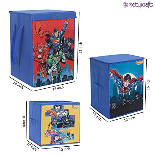 Image of PrettyKrafts Non Woven SuperMan Printed Rectangular Foldable Large Laundry Bag /Toy Storage Box With Lid & Handle, Freestanding Cloth Toy Storage Organizer for Bedroom, Dorm (Multicolor, Combo of 3)