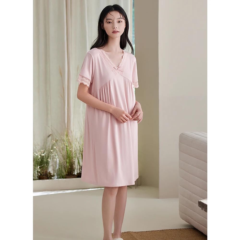 Camicia da Notte Donna - Camicie da Notte Modali Stile Estivo Donna Manica Corta Camicie da Notte con Scollo A V Femminile Camicia da Notte in Pizzo Elegante Pigiama Tinta Unita