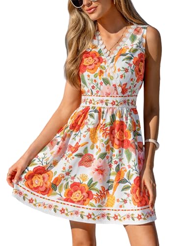 CUPSHE Minivestido de verano para mujer, con encaje floral, cuello en V, sin mangas, casual, holgado, corto, vestido de playa, Floral rojo, Large