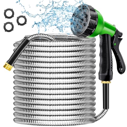 Garden Hose 100 ft - Stainless Steel Water Hose 100ft with 10 Function Nozzle, No Kinks & No Tangles, Flexible, Lightweight, Puncture & Rust Proof Metal Garden Hose for Yard, RV, Garden, Outdoor
