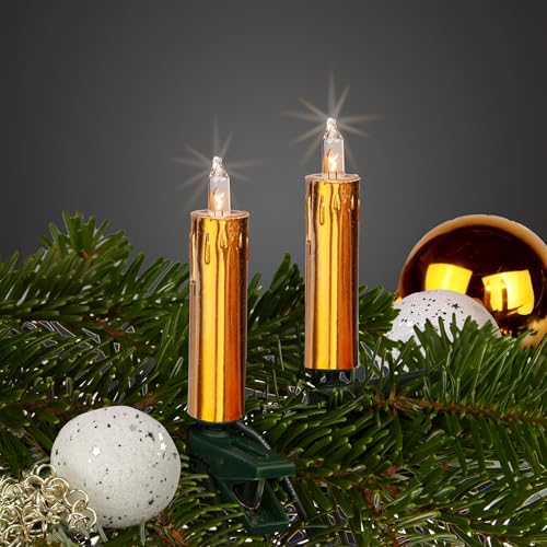 hellum 20er Minischaft Lichterkette mit Stecker, Lichterkette Weihnachtsbaum mit 20 warmweißen Lichtern, Kabel grün Kerzen gold mit Wachsoptik, Gesamtlänge 12,5 m mit 2x1,5 m Zuleitung 152494 hellum 20er Minischaft Lichterkette mit Stecker, Lichterkette Weihnachtsbaum mit 20 warmweißen Lichtern, Kabel grün Kerzen gold mit Wachsoptik, Gesamtlänge 12,5 m mit 2x1,5 m Zuleitung 152494