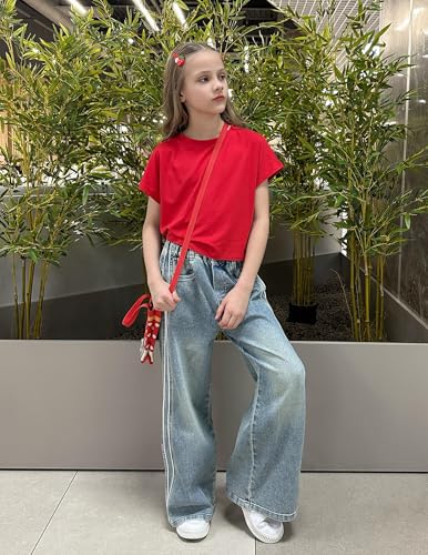 Image of Arshiner Girls Shirt Crop Tops Short Sleeve Summer Drop Shoulder Batwing Sleeve Crewneck Loose T Shirt Tee