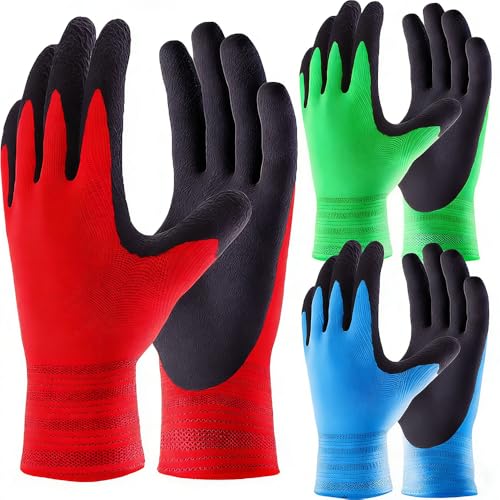 Toptekhans 3 Pairs Gardening Gloves for Women and Men Recycled Polyester Garden Gloves with Latex Coated Comfortable Breathable Work Gloves (L(9))