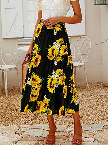 Saia feminina Hibluco com estampa floral boêmia e cintura elástica, Black Sunflower, X-Large