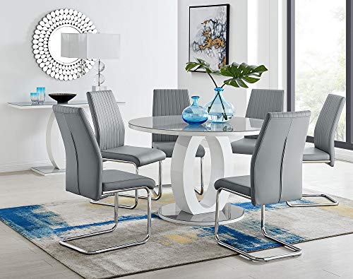 Furniturebox UK Giovani Modern Grey/White High Gloss and Glass Large Round Dining Table and 4/6 Modern Lorenzo Chairs Set (Dining Table + Elephant Grey Lorenzo, 6 Chairs)