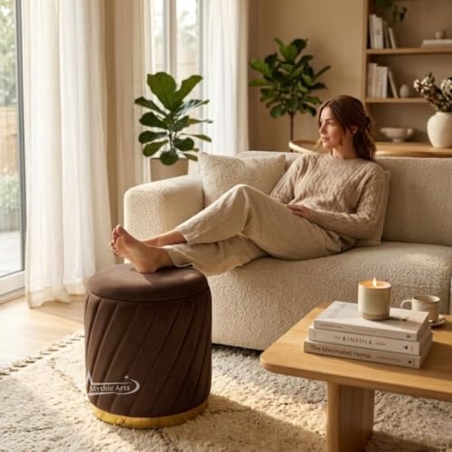Image of Mythic ArtsRound Upholstered Sitting Stool & Footrest Velvet Storage Ottoman Pouffe13 X 13X 16 inch | Versatile Puffy for Living Room, Bedroom, and Office ? Chic Home Furnishings & Dcor Brown