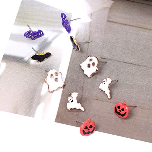 Halloween Earring Set 5 Pairs Stud Earrings Orange Pumpkin Bat Ghost Earrings For Women Girls (5 Pair) #TOP6