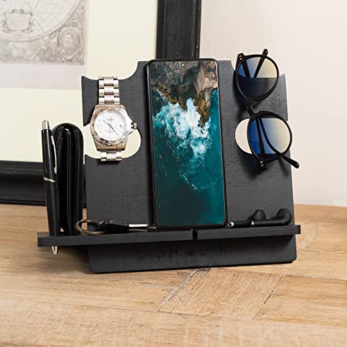 LAC Wooden Docking Station - Desk or Bedside Organiser for Him - Birthday GIfts for Men (Black)