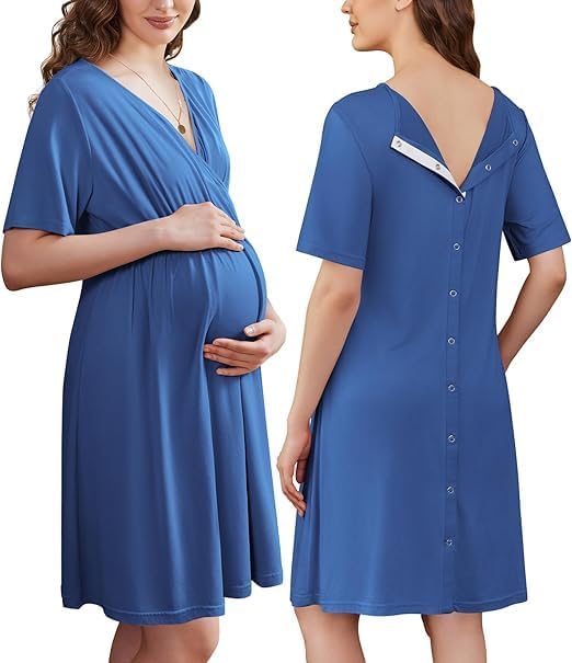 ELESOL Labor and Delivery Gown for Hospital Short Sleeve Maternity Nursing Dress Nightgown with Button S-XXL