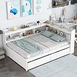 DNChuan Full Size Bed with Storage Drawers,Corner Daybed with L-Shaped Bookcase Headboard,Captains Platform Frame,No Box Spring Needed,Kids,Adults,Boys,White