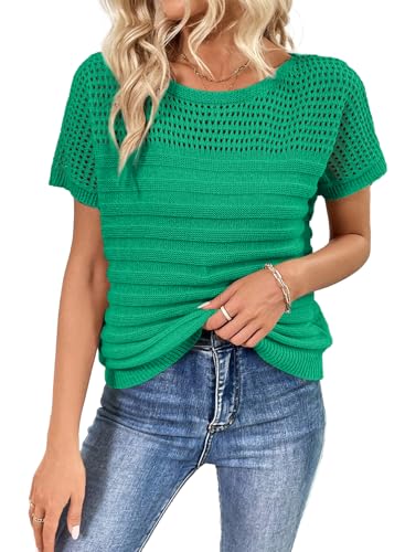 Image of SHEWIN Womens Sweaters Crew Neck Short Sleeve Shirts Summer Tops Knit Hollow Out T Shirts Sweater Blouses