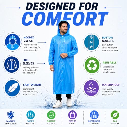 Image of Full Length Waterproof Raincoat for Men & Women | Hooded Transparent Rain Wear with Sleeves | Reusable Long Rain Jacket for Bike Riding, Travel, Camping & Monsoon Protection