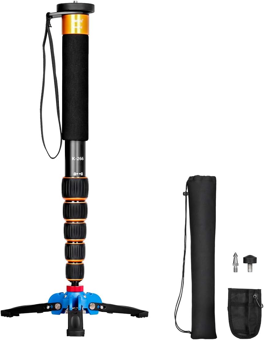 Koolehaoda Lightweight Portable 63-inches Camera Aluminium Monopod with Folding Three Feet Support Stand. 6-Section Leg, Leg max Diameter: Φ28MM, Folding Length: 42cm /16.5inch (K-266 Orange)