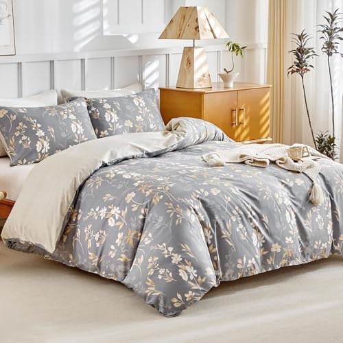 Tokokimo Duvet Cover Set - Bedding Sets Double Reversible, Gold Floral Microfiber Duvet Cover with Pillow Cases, Gifts for Mom Dad Bedroom Decor (Flowers, Grey, Double 200x200 cm)