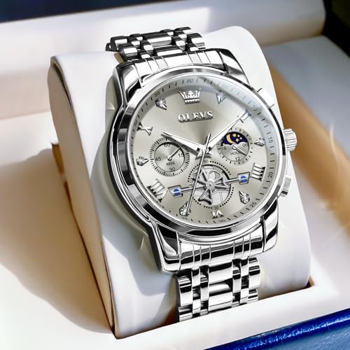 Image of OLEVS Men Watches Stainless Steel Chronograph Watch, Large Wrist Analog Quartz Watch, Fashion Waterproof Diamond Roman Numerals Dress Watches for Men, Gold /Black /White /Blue /Grey Dial