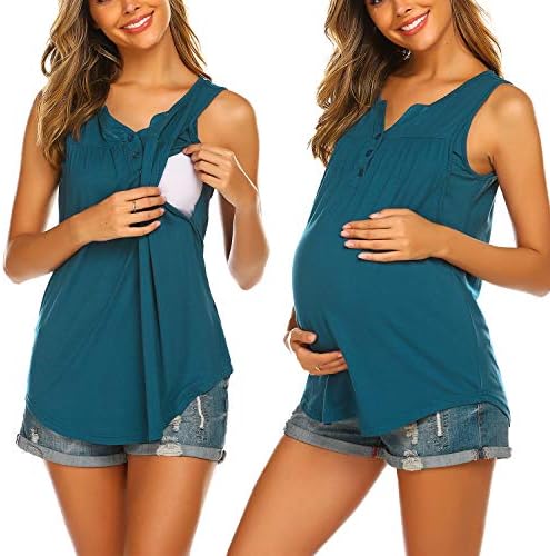 Ekouaer Women's Nursing Tops Sleeveless Maternity Tank Top Double Layer Breastfeeding Shirts for Hospital Labor Delivery Clothes Blue Green Small