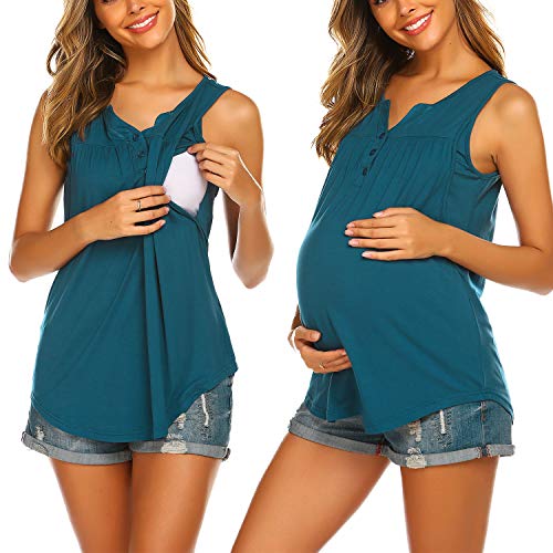 Ekouaer Women's Nursing Tops Sleeveless Maternity Tank Top Double Layer Breastfeeding Shirts For Hospital Labor Delivery Clothes Blue Green Small #TOP3