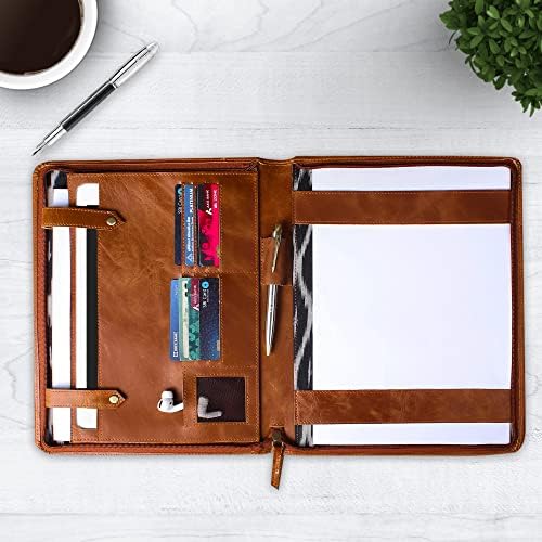 The Leather Warehouse Zippered PadFolio/Portfolio for Men/Women with Document Resume Business Card Holder