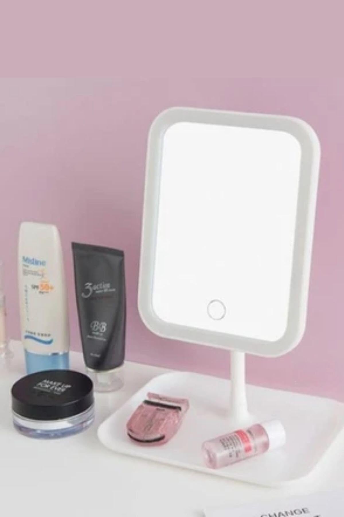 BUFFER® Dokunmatik LED Işıklı Kare Makyaj Aynası – Altı Organizer Kaseli, Ayarlanabilir Aydınlatmalı Masaüstü Makyaj ve Cilt Bakım Aynası
