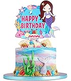 Little Mermaid Happy Birthday Cake Topper - Under The Sea Cartoon Mermaid Party Glitter Cake Supplies - Girl's Mystical Sea-maid Birthday Party Decorations