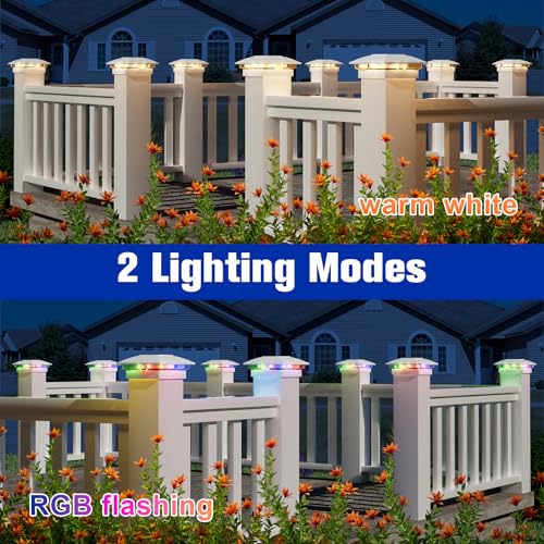 APONUO Solar Post Cap Lights, 20LM Warm White & RGB Flashing Modes, IP64 Waterproof Fence Post Solar Lights, Auto On/Off, Fits 4x4, 6x6 Wood & 4x4, 5x5 Vinyl Posts, White, 8 Pack