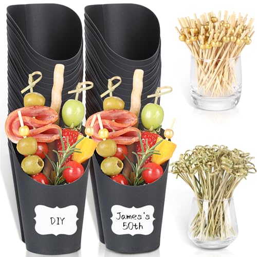 SEANSDA 50 (14 oz) Charcuterie Cups + 200 Cocktail Picks + 50 Labels, Black Disposable Charcuterie Cups with Sticks (2 Types)