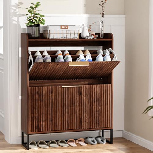 Image of VINGLI Fluted Shoe Cabinet Storage for Entryway,Hidden Shoes Storage Cabinet with 2 Flip Drawers, Mid Century Modern Shoe Rack Organizer,Free Standing Shoes Organizer for Hallway(Dark Walnut)