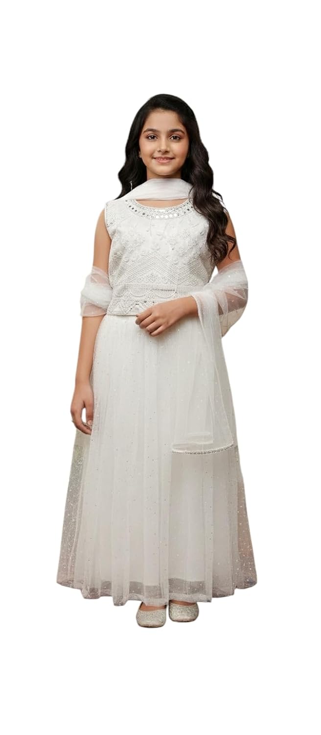 Aarika Girls Ethnic Wear White Colour MirrorEmbellished Emroidery Net Lehenga Choli Set With Dupatta - Review, Price and Buying Guide