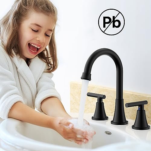 Image of Bathroom Faucet 3 Hole, Matte Black Faucets with Drain and Supply Lines | Hurran Stainless Steel Lead-Free Widespread Bathroom Sink Faucet for Vanity RV Restroom Laundry Outdoor Camper, 2 Pack