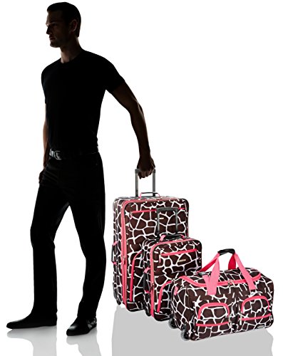 Rockland Vara Softside 3-Piece Upright Luggage Set,Expandable, Pink Giraffe, (20/22/28)