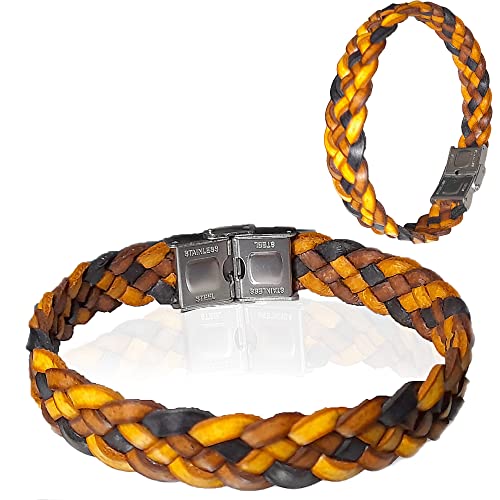 Pulsera Hombre de piel - correa de cuero trenzado con cierre magnético, 22 centimetros (marron-negro) Cover