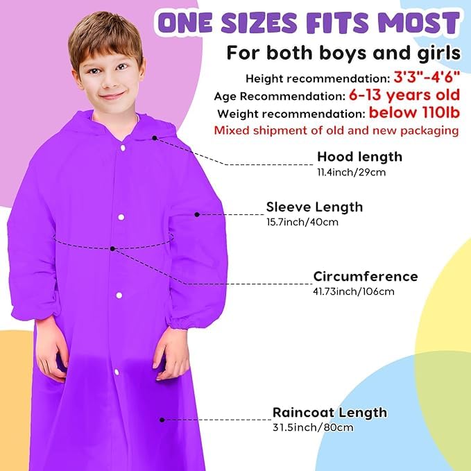 Image of BFONS 2-3 Pack Rain Ponchos for Kids, Reusable Raincoats for Boys Girls with Hood and Sleeves, Waterproof Rain Jackets