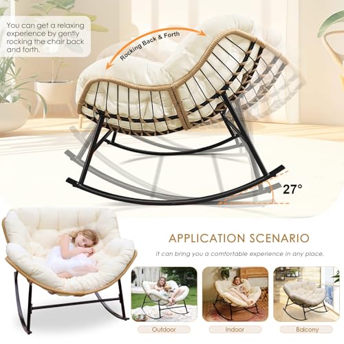 NICESOUL® Indoor Outdoor Rocking Chair with Cushion, Oversized Patio Papasan Rocking Chair, Water Resistant Egg Royal Rocking Chair 450Lbs Sturdy Comfy Recliner Large Lounging Chair Xmas Gift - Thumbnail 6