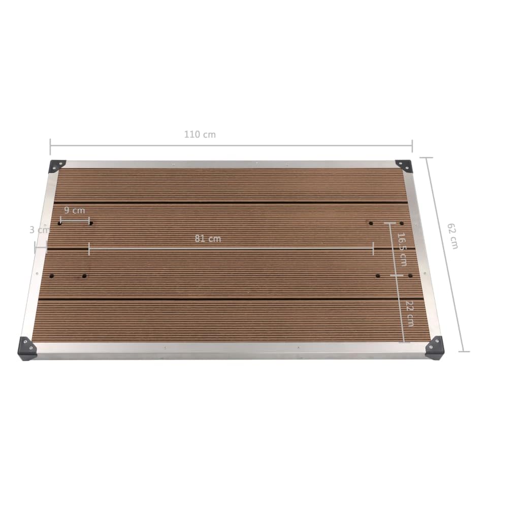 Ducha de jardín con base marrón de acero inoxidable de 225 cm de altura, placa de suelo WPC para piscina y piscina, ducha exterior con ducha de cabeza, ducha de mano y grifo de lavado de pies