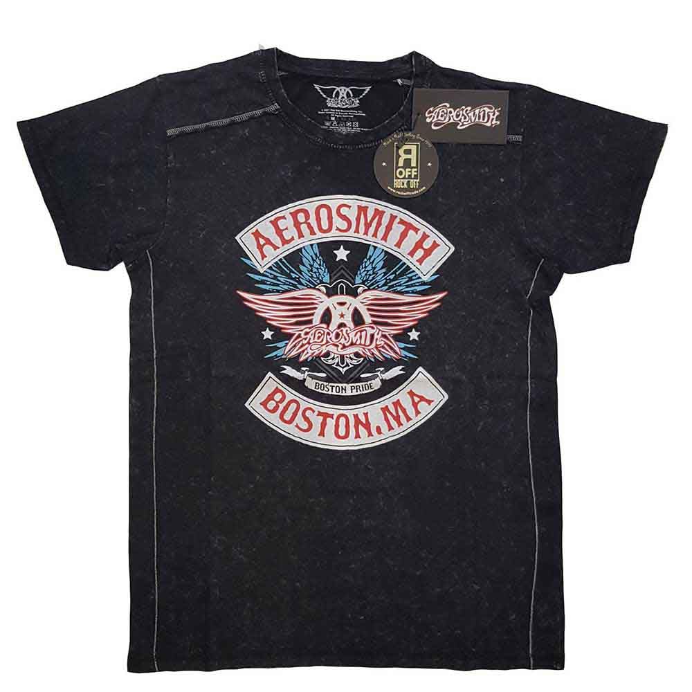 Aerosmith T Shirt Boston Pride Band Logo Official Unisex Black Snow Wash S