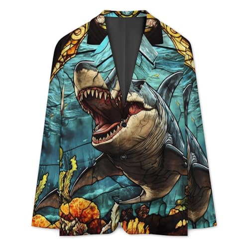 Glass Window Shark Megalodon Ocean Funny Suits Blazer for Men Business Jacket 2 Button Sport Coat Wedding Office2