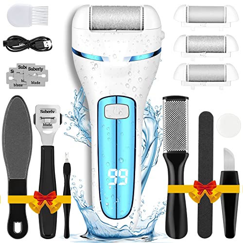 Electric Callus Remover for Feet,Waterproof Electric Foot Scrubber Dead Skin Remover,Rechargeable 16 in1 Pedicure kit for Dead Skin&Cracked Heel or Rough Hand with 3 Roller Heads 2 Speed (Blue)