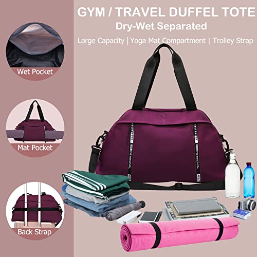 Basicpower Travel Duffel Gym Yoga Workout Tote Bag, Waterproof Overnight Weekender Bag, Dry-Wet Separated, With Yoga Mat Storage Tape,Purple Red #TOP1