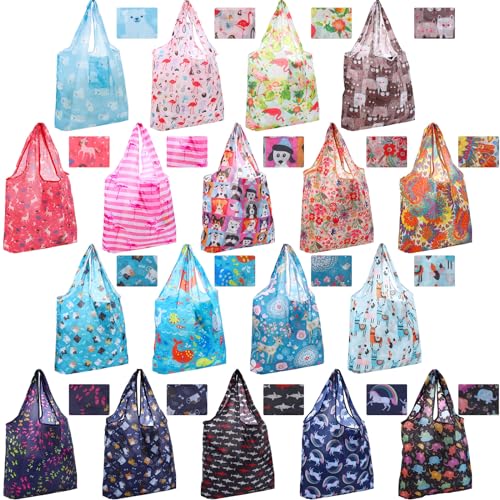 Weewooday 18 Pieces Foldable Reusable Shopping Bags Machine Washable Grocery