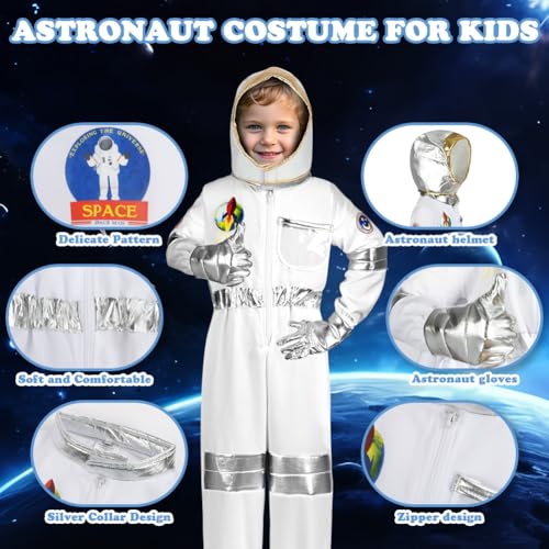 Aomig Astronaut Kostüm kinder 3Pcs Weiß Astronautenkostüm Kind Unisex Astronautenoverall Astronauten Helm Silberne Handschuhe Weltall Kostüm für Mädchen und Jungen Raumfahrer Spaceman Kostüm Outfit(S)