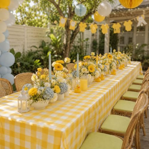 Image of Blue Orchards Yellow Gingham Table Cover (Pack of 3 with 20 Glue dots) - 54 inchx108 inch XL - Yellow and White Checkered Picnic Tablecloth, Baby Shower Decoration, Camping, Outdoor Birthday Party Supplies