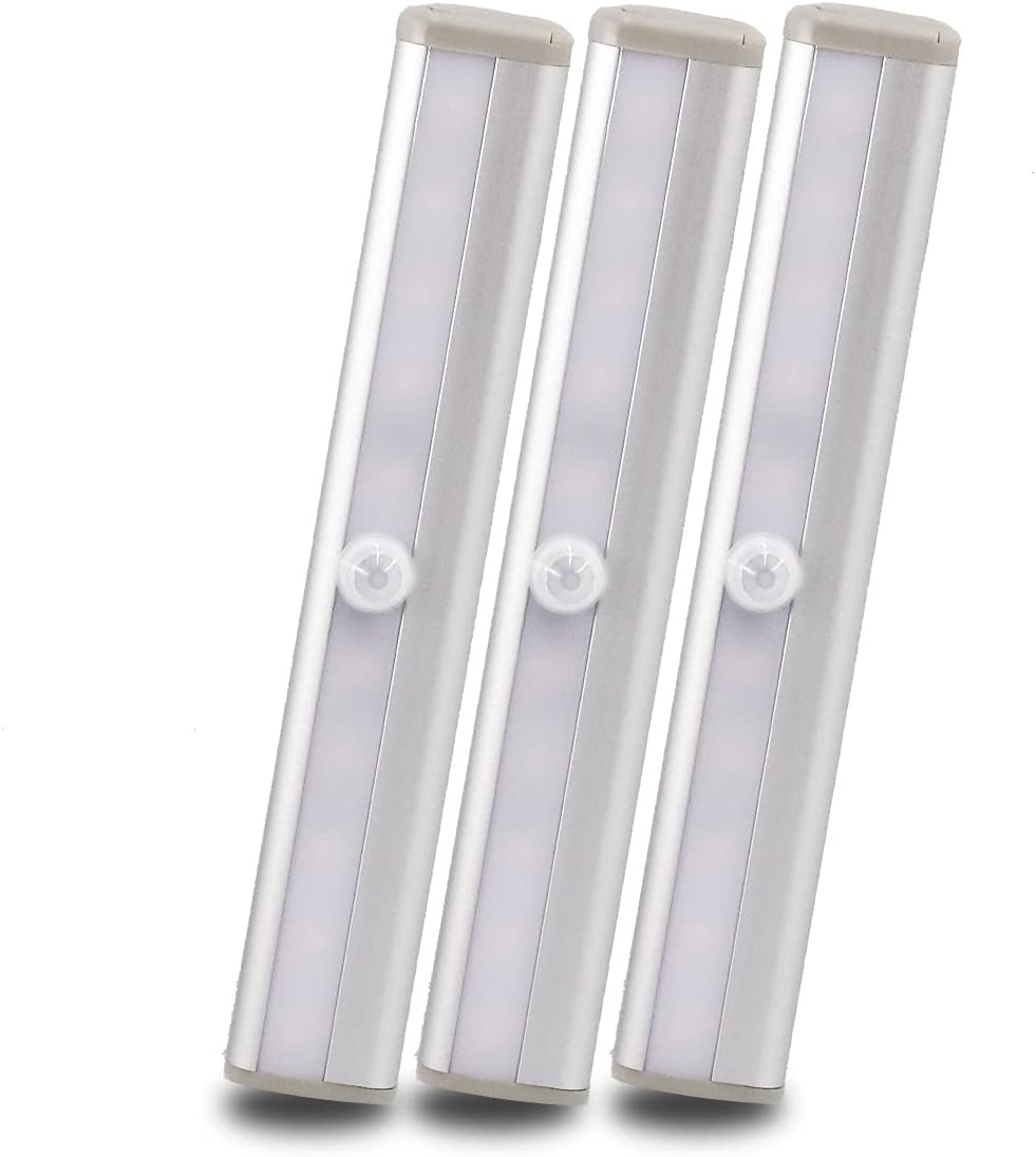 Motion Sensor Closet Lights, 10 Led Battery Powered Lights Led Under Cabinet Lighting and Under Counter Light, for Stairs Hallway Kitchen Closet, White 3 Pack (3)