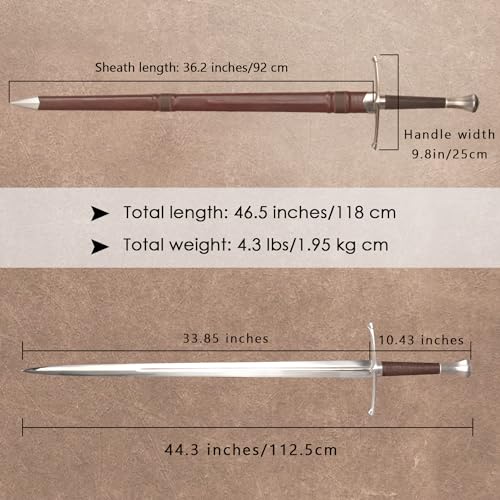 46.5" Medieval Western Sword Real Sword Handmade 1095 High Carbon Steel Full Tang (Includes Shoulder Strap)