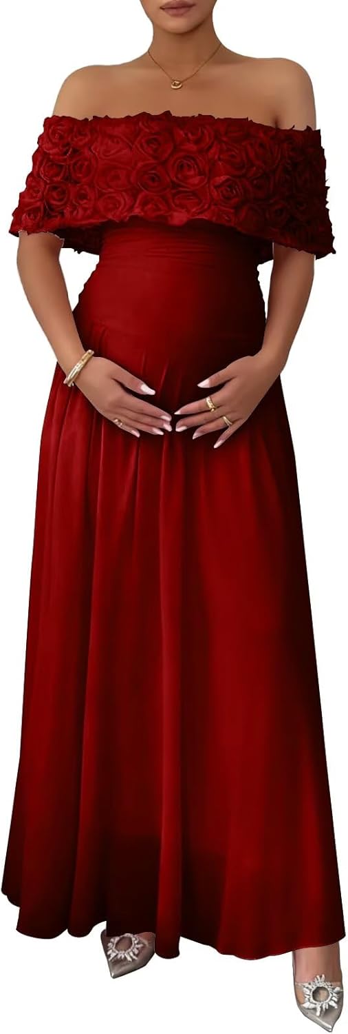 Maternity Dress for Photoshoot Long Bodycon Baby Shower Dress Off Shoulder 3D Floral Women Formal Pregnancy Gowns
