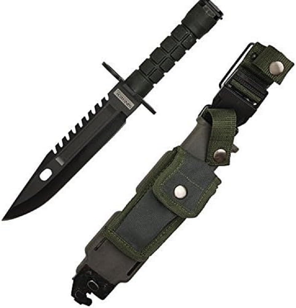 Tactical Hunting Knife with Serrated Edge, Black Blade, Military-Style Sheath W/Table Stand