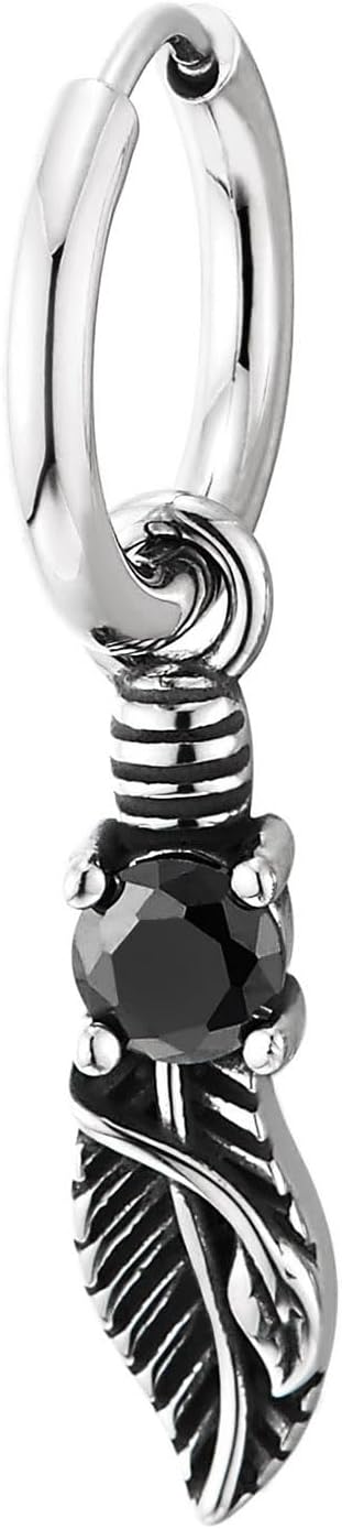 Vintage Steel Feather Dangle Earrings for Women with Black CZ, Boho Hoop Drop Earrings, Statement - Image 2