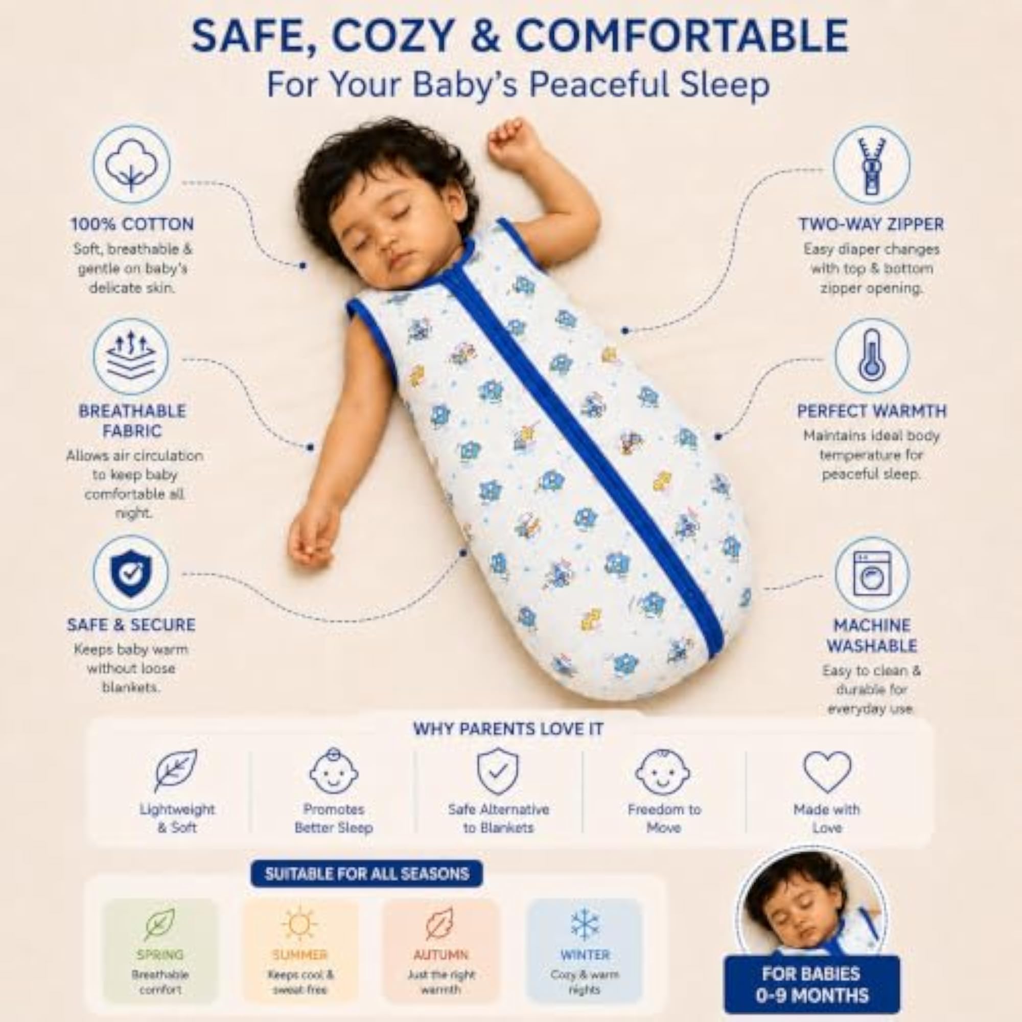 Cotton Wearable Blanket Sleeping Bag for Newborns